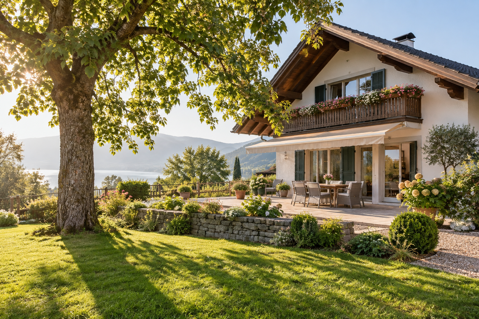 Österreichisches Haus mit altem Baum und gepflegtem Garten